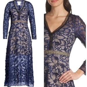 Anthropologie Foxiedox Elisabet 3D Lace‎ Gown Formal Midi Blue Long Sleeve Dress